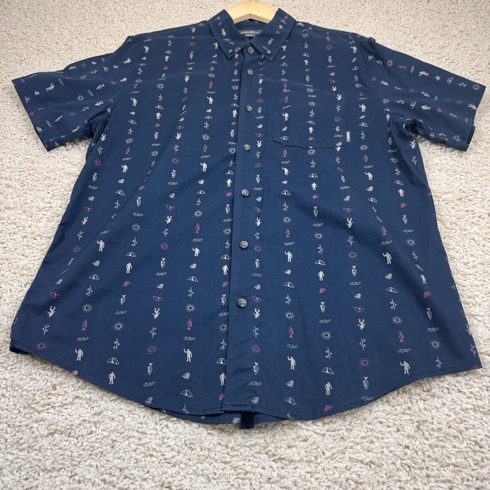 Eddie Bauer Men's Large Short Sleeve Shirt Blue Outdoor Novelty Print Button Up